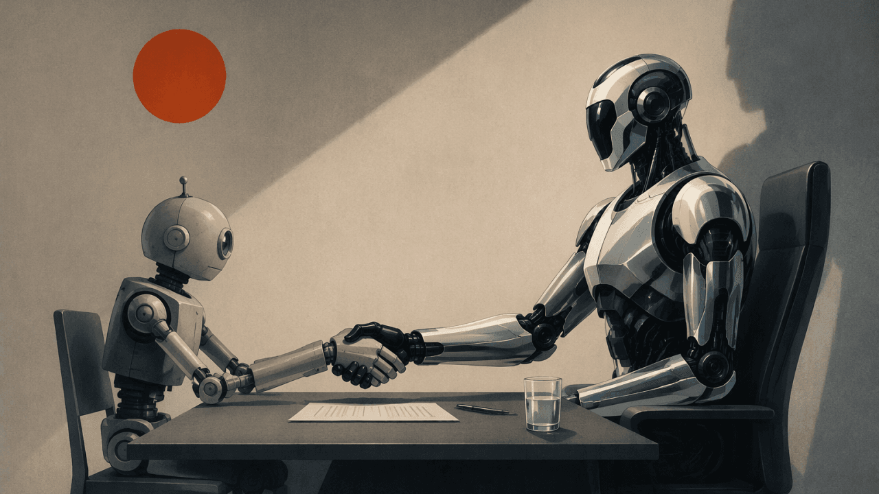 Een klein robotje en een grote robot schudden elkaar de hand aan een onderhandelingstafel
